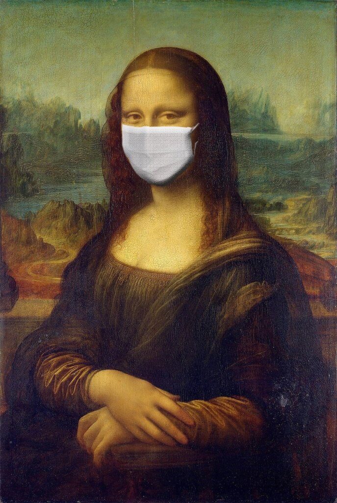 Foto da Monalisa usando máscara cirúrgica para o texto O novo normal, de Juliana Ribeiro